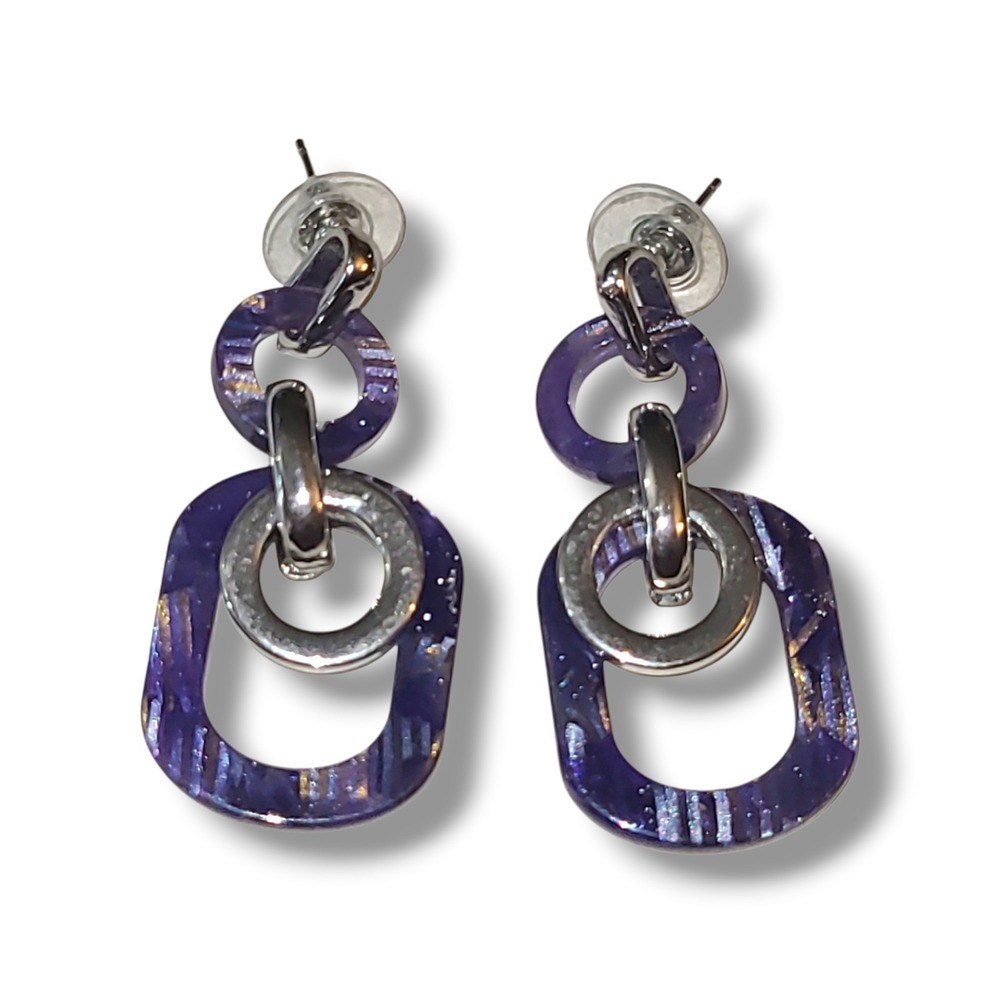 Ashley Nicole Purple Glitter Acrylic Dangle Earrings Silver Tone Retro Y2K
